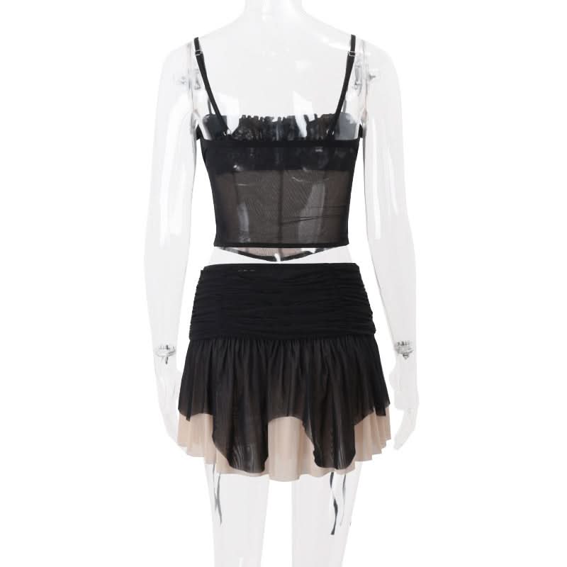 Sultry Siren Black Mesh Ruched Corset Cami & Asymmetrical Mini Skirt Set - Your Ultimate Fall Party & Clubwear