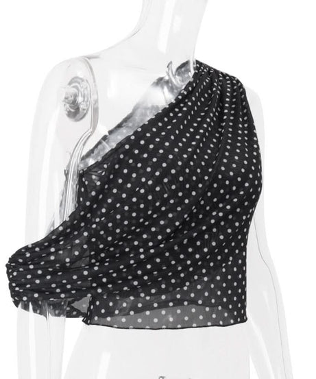 Fall-Ready Glam: Chic One-Shoulder Polka Dot Mesh Top – Perfect for Festive Season Style