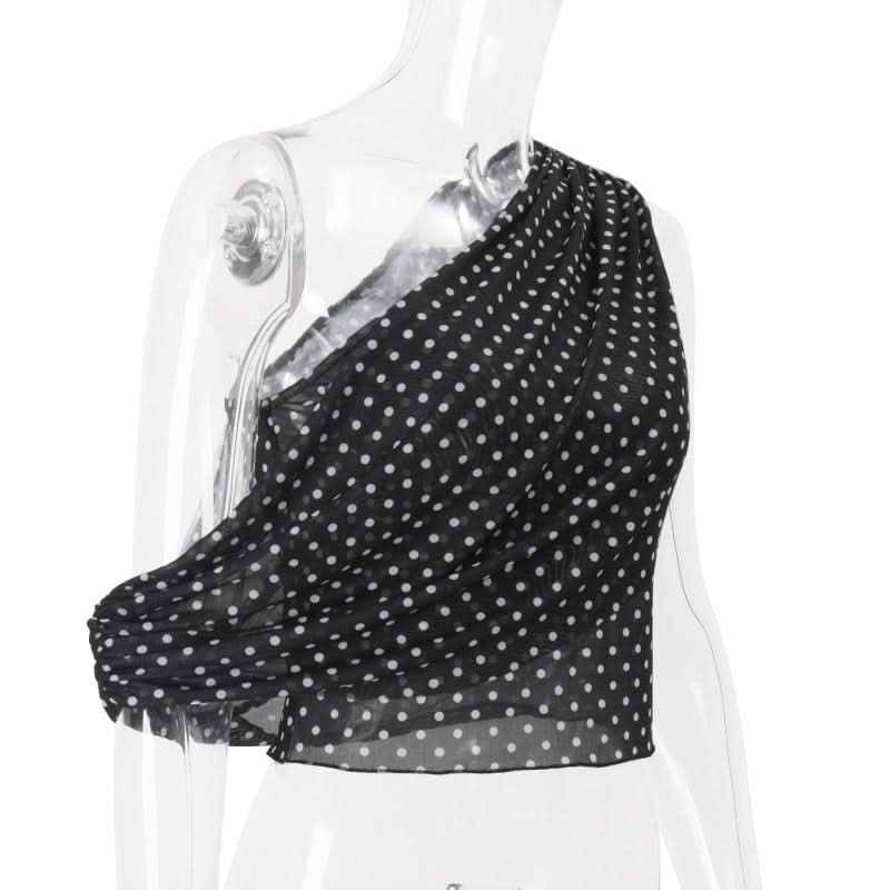 Fall-Ready Glam: Chic One-Shoulder Polka Dot Mesh Top – Perfect for Festive Season Style