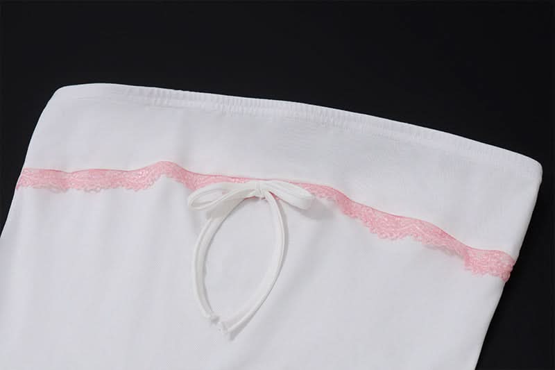 Flirty White Tube Mini Dress with Pink Lace & Bow - Tiered Ruffle Skirt for Parties & Vacations