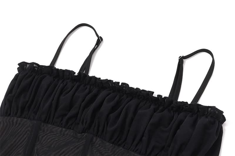 Sultry Siren Black Mesh Ruched Corset Cami & Asymmetrical Mini Skirt Set - Your Ultimate Fall Party & Clubwear