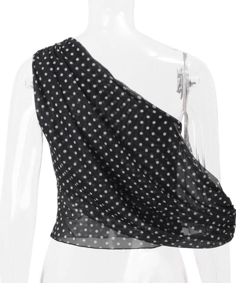 Fall-Ready Glam: Chic One-Shoulder Polka Dot Mesh Top – Perfect for Festive Season Style