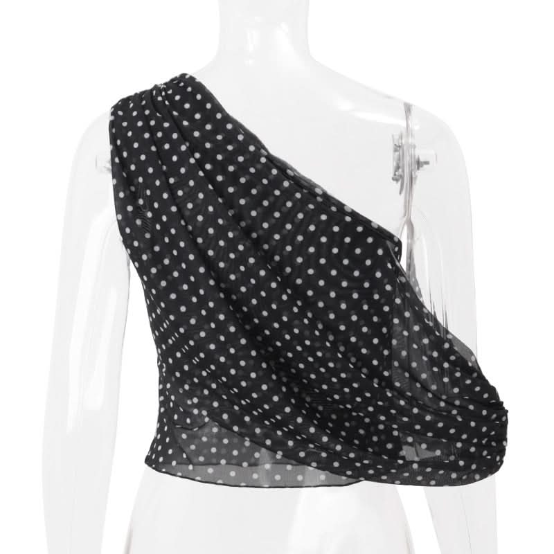 Fall-Ready Glam: Chic One-Shoulder Polka Dot Mesh Top – Perfect for Festive Season Style