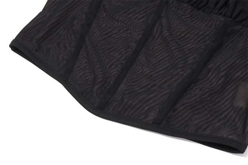 Sultry Siren Black Mesh Ruched Corset Cami & Asymmetrical Mini Skirt Set - Your Ultimate Fall Party & Clubwear