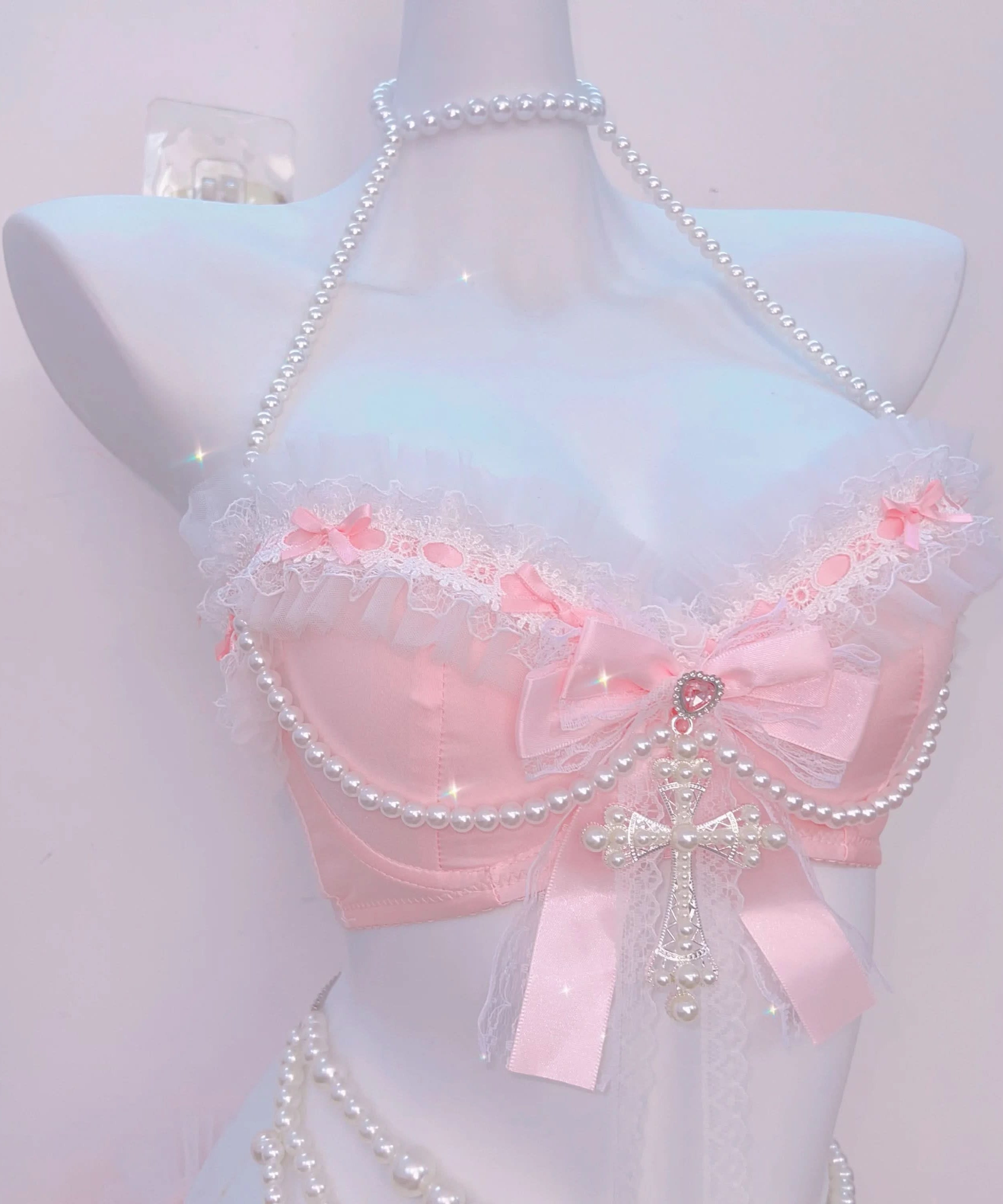 Enchanting Pink Coquette Angel Lingerie Set – Pearl & Lace Halter for Romantic Fall Nights
