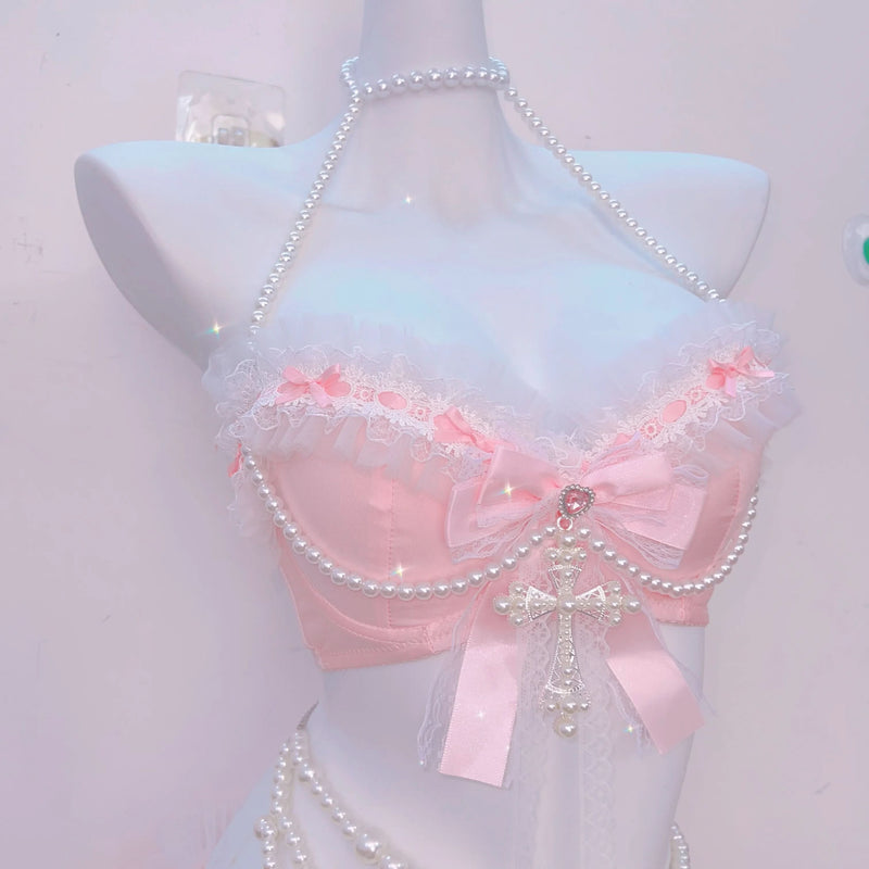 Enchanting Pink Coquette Angel Lingerie Set – Pearl & Lace Halter for Romantic Fall Nights