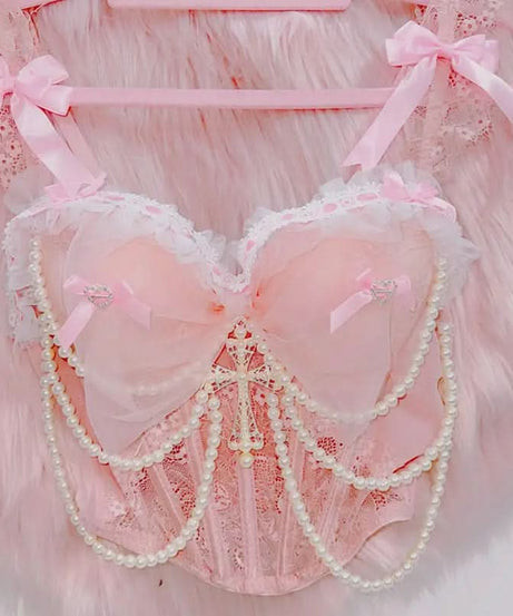 Enchanting Pink Pearl Coquette Cami Top - Bows, Lace & Ruffles for Fall & Holiday Sparkle