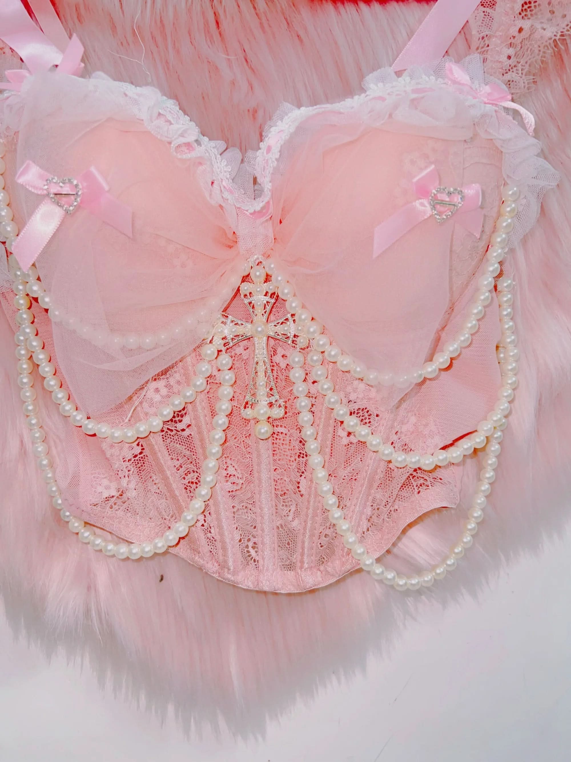 Enchanting Pink Pearl Coquette Cami Top - Bows, Lace & Ruffles for Fall & Holiday Sparkle