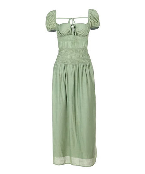 Cottagecore Chic Sage Green Smocked Maxi Dress with Puff Sleeves & Tie-Front Detail – Fall Transition & Beyond