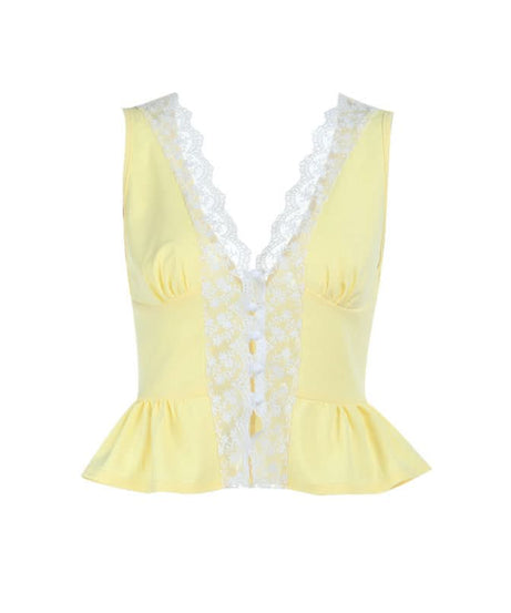 Autumn Charm Dainty Yellow Lace Peplum Tank Top - Flattering V-Neck Button Front