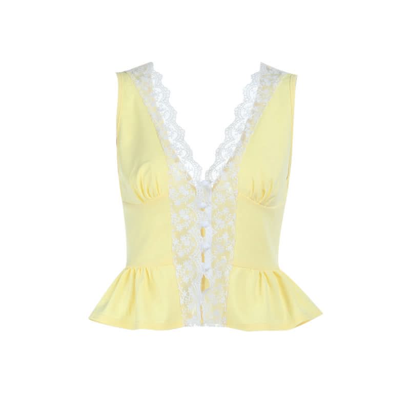 Autumn Charm Dainty Yellow Lace Peplum Tank Top - Flattering V-Neck Button Front