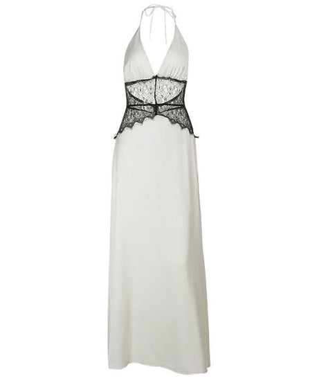 Enchanting White Halter Maxi Dress with Black Lace Corset Detail - Fall & Holiday Glamour