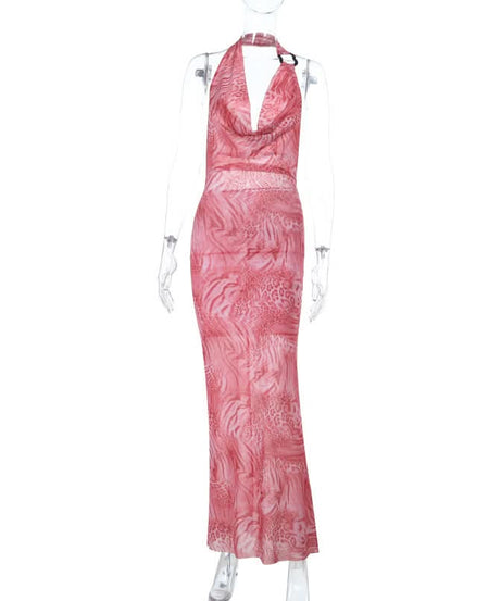 Chic Pink Leopard Halter Maxi Dress | Cowl Neck Fall Event Statement
