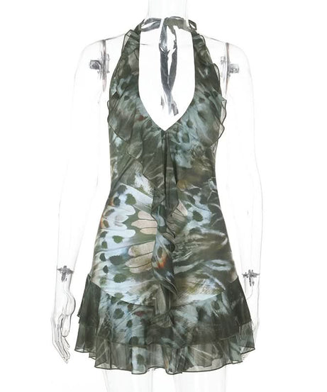Effortless Fall Butterfly Wing Halter Mini Dress - Ruffled V-Neck Style