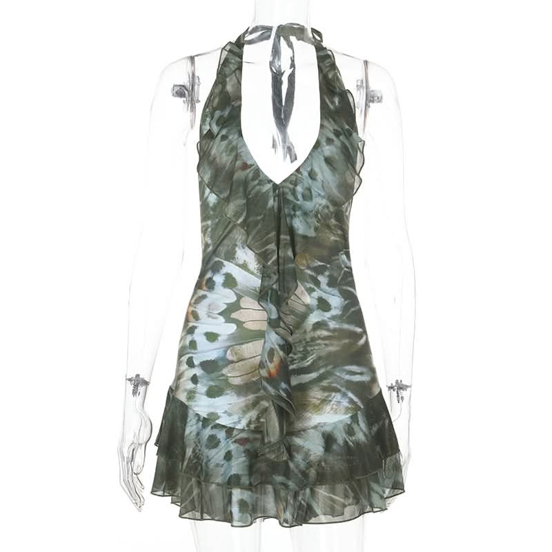 Effortless Fall Butterfly Wing Halter Mini Dress - Ruffled V-Neck Style
