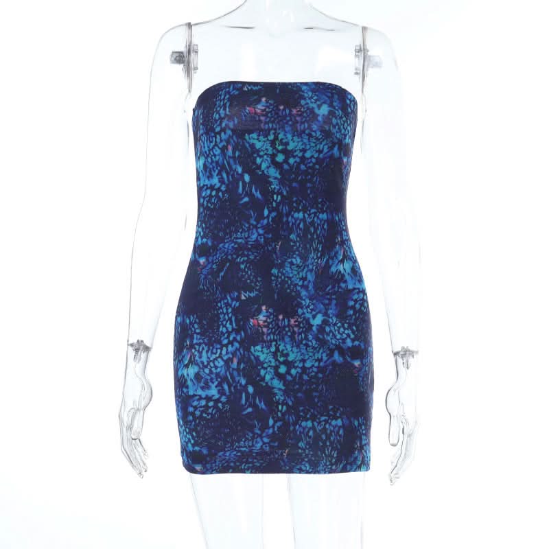 Electric Blue Abstract Print Backless Tube Mini Dress - Slay Fall Parties & Nights Out