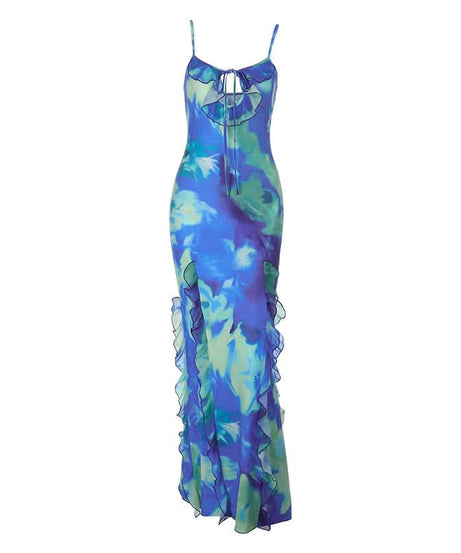 Vibrant Blue Green Ruffle Maxi Dress with Side Slits & Self-Tie - Your Perfect Holiday Escape Essential