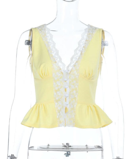 Autumn Charm Dainty Yellow Lace Peplum Tank Top - Flattering V-Neck Button Front