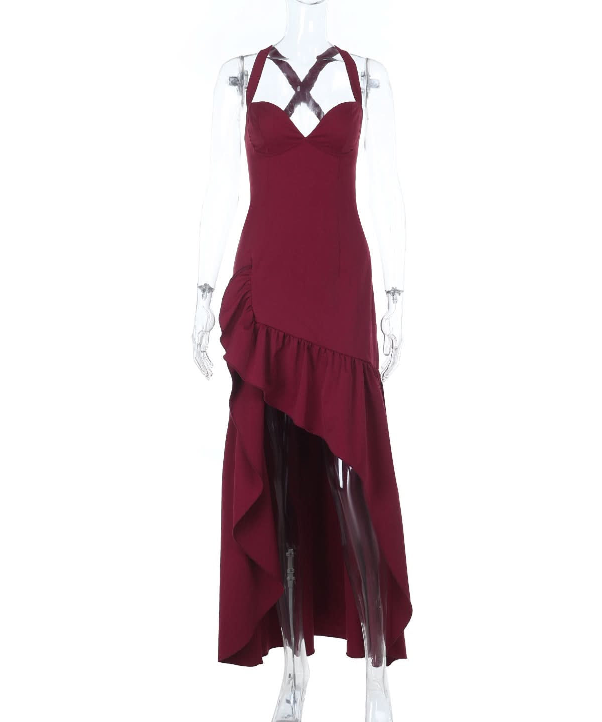 Elegant Wine Red Ruffle High-Low Maxi Dress | Chic Cross Back V-Neck for Fall & Holiday Celebrations