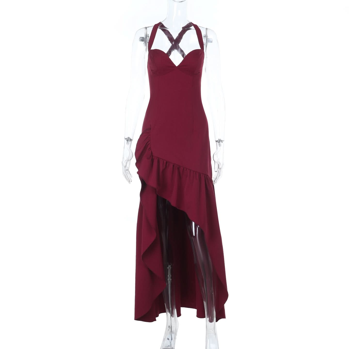 Elegant Wine Red Ruffle High-Low Maxi Dress | Chic Cross Back V-Neck for Fall & Holiday Celebrations