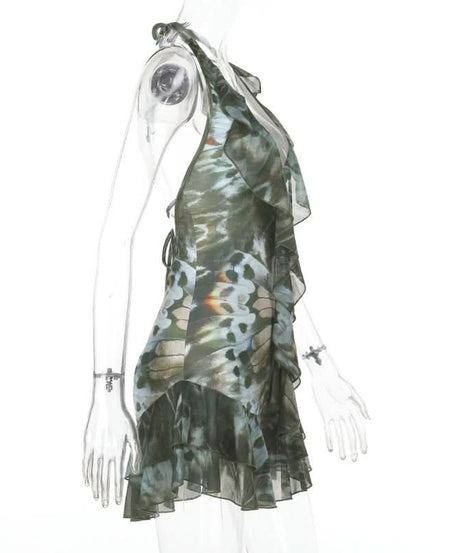 Effortless Fall Butterfly Wing Halter Mini Dress - Ruffled V-Neck Style