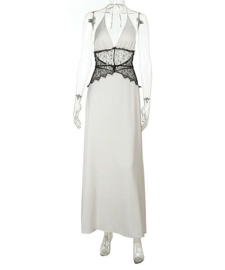 Enchanting White Halter Maxi Dress with Black Lace Corset Detail - Fall & Holiday Glamour