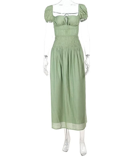 Cottagecore Chic Sage Green Smocked Maxi Dress with Puff Sleeves & Tie-Front Detail – Fall Transition & Beyond