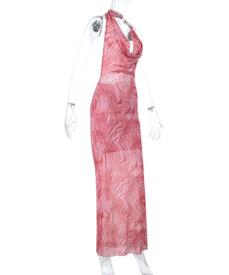 Chic Pink Leopard Halter Maxi Dress | Cowl Neck Fall Event Statement