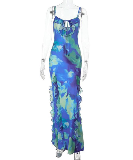 Vibrant Blue Green Ruffle Maxi Dress with Side Slits & Self-Tie - Your Perfect Holiday Escape Essential
