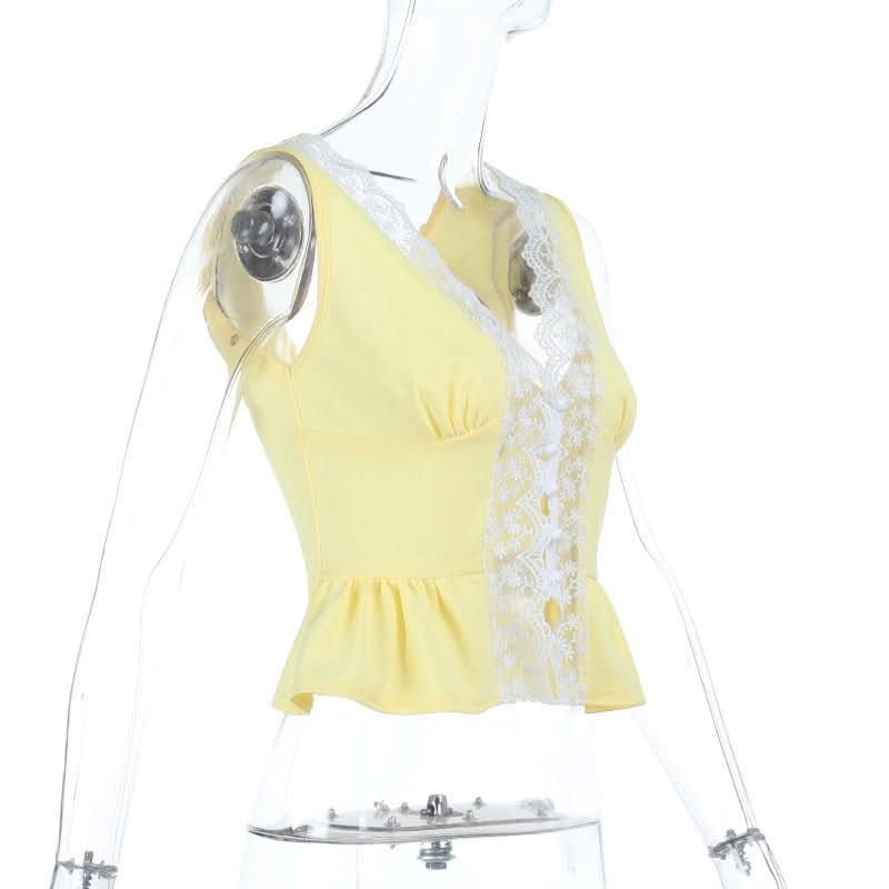 Autumn Charm Dainty Yellow Lace Peplum Tank Top - Flattering V-Neck Button Front