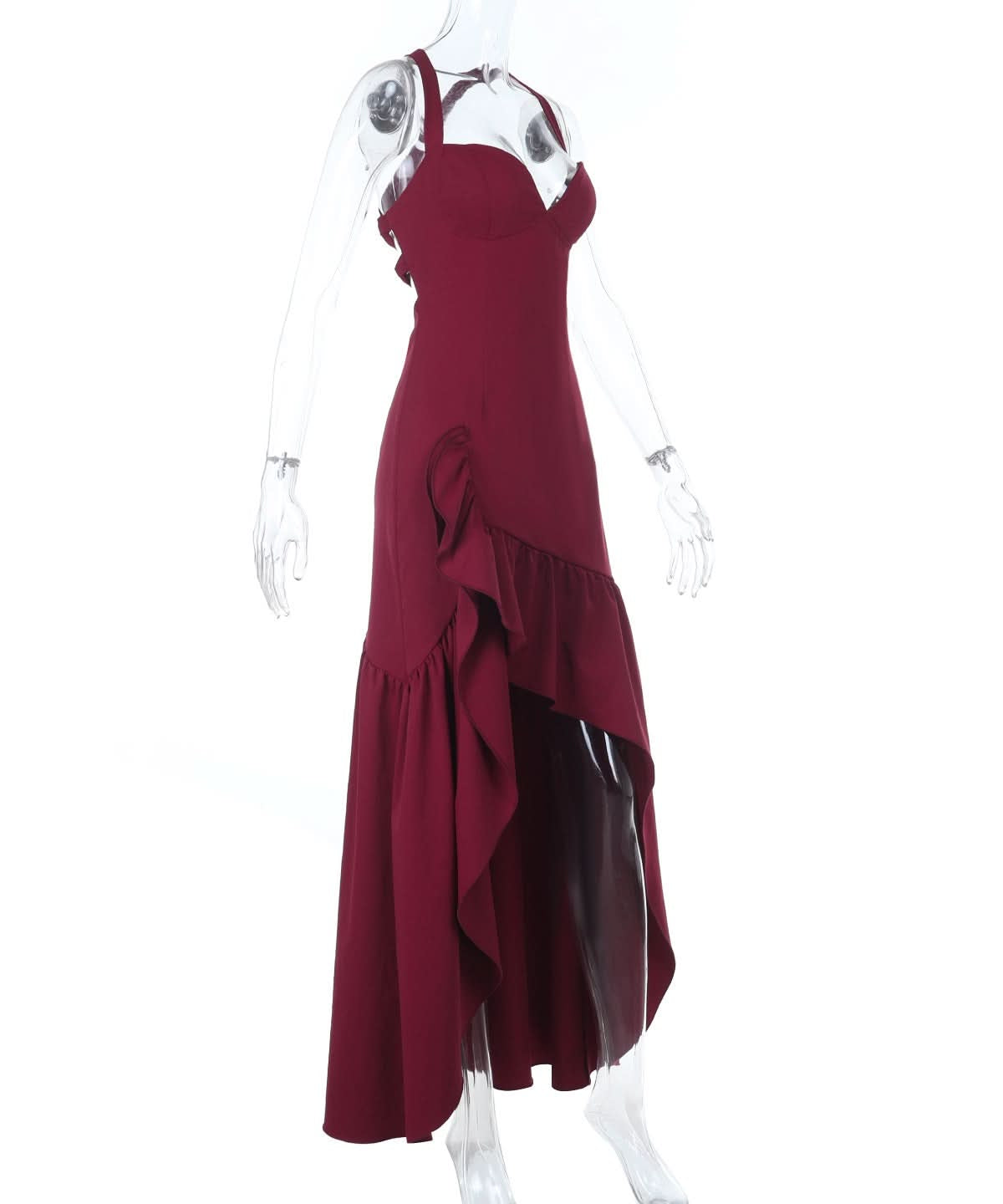 Elegant Wine Red Ruffle High-Low Maxi Dress | Chic Cross Back V-Neck for Fall & Holiday Celebrations