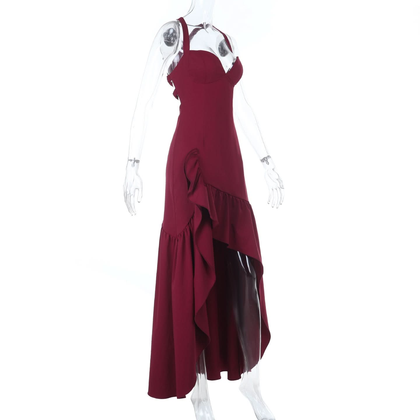 Elegant Wine Red Ruffle High-Low Maxi Dress | Chic Cross Back V-Neck for Fall & Holiday Celebrations