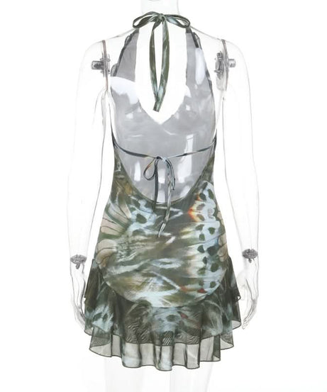 Effortless Fall Butterfly Wing Halter Mini Dress - Ruffled V-Neck Style
