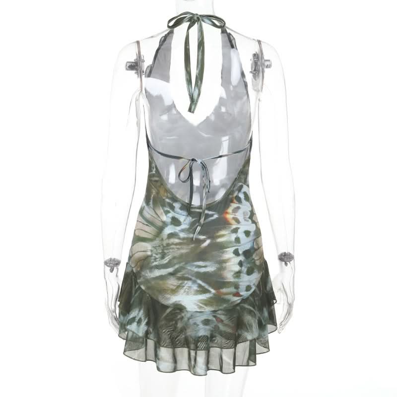 Effortless Fall Butterfly Wing Halter Mini Dress - Ruffled V-Neck Style