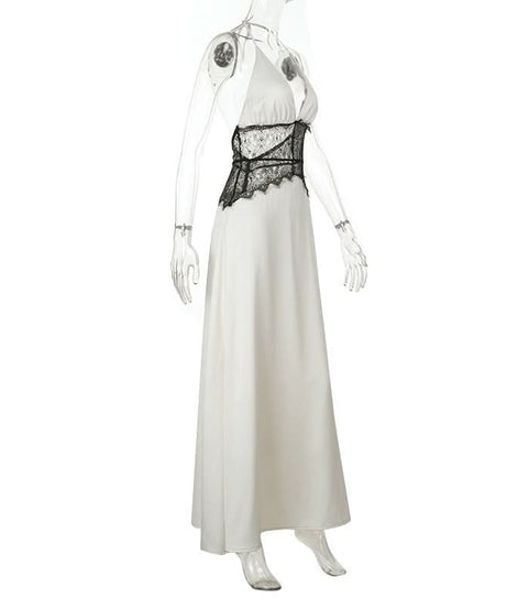 Enchanting White Halter Maxi Dress with Black Lace Corset Detail - Fall & Holiday Glamour
