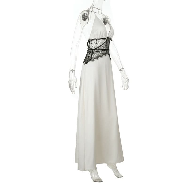 Enchanting White Halter Maxi Dress with Black Lace Corset Detail - Fall & Holiday Glamour