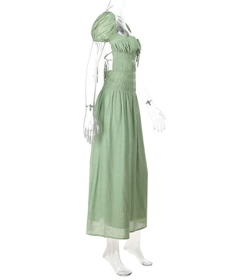 Cottagecore Chic Sage Green Smocked Maxi Dress with Puff Sleeves & Tie-Front Detail – Fall Transition & Beyond