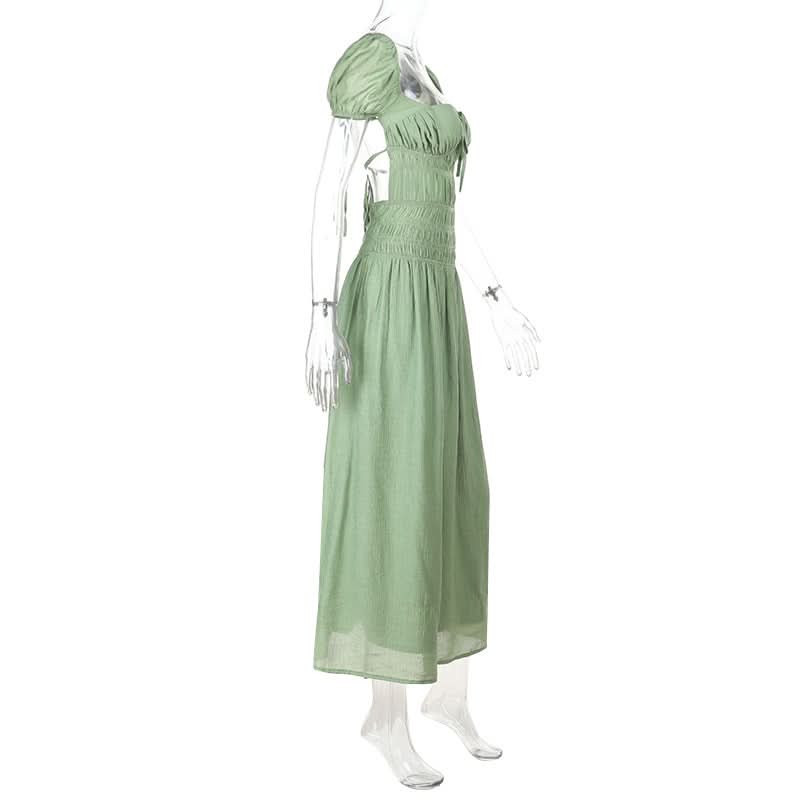 Cottagecore Chic Sage Green Smocked Maxi Dress with Puff Sleeves & Tie-Front Detail – Fall Transition & Beyond