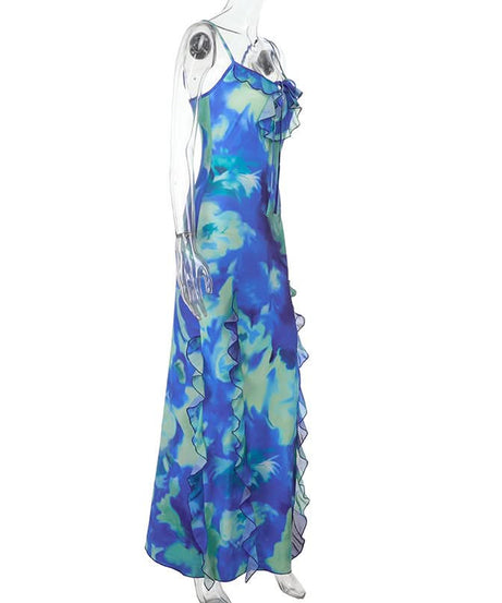 Vibrant Blue Green Ruffle Maxi Dress with Side Slits & Self-Tie - Your Perfect Holiday Escape Essential