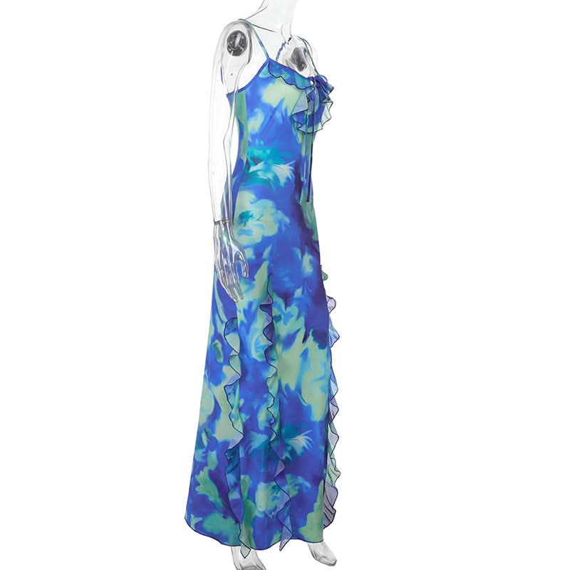 Vibrant Blue Green Ruffle Maxi Dress with Side Slits & Self-Tie - Your Perfect Holiday Escape Essential