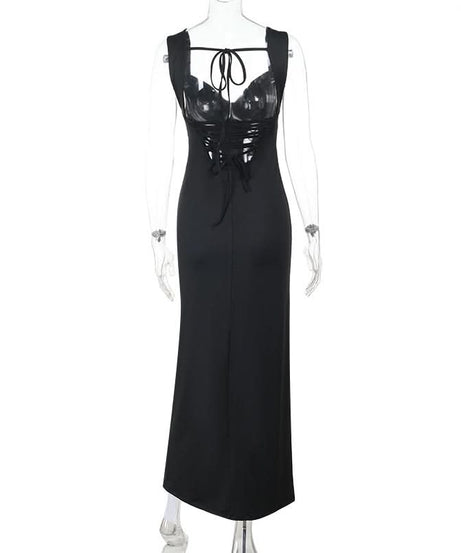 Chic Black Sweetheart Self-Tie Maxi Dress | Elegant Fall & Holiday Party Gown for Women