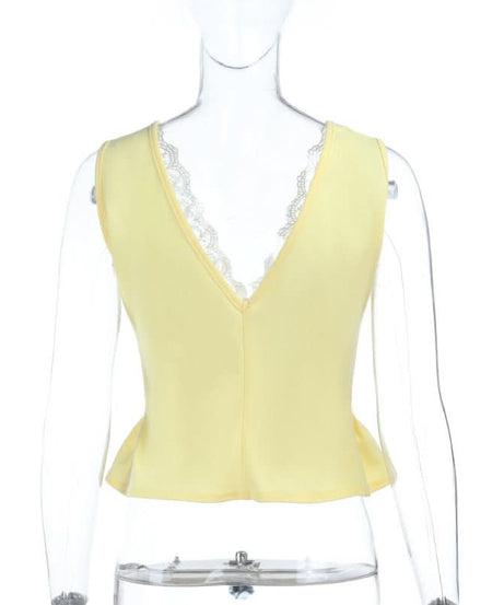 Autumn Charm Dainty Yellow Lace Peplum Tank Top - Flattering V-Neck Button Front