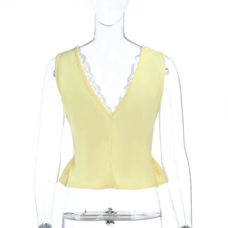 Autumn Charm Dainty Yellow Lace Peplum Tank Top - Flattering V-Neck Button Front