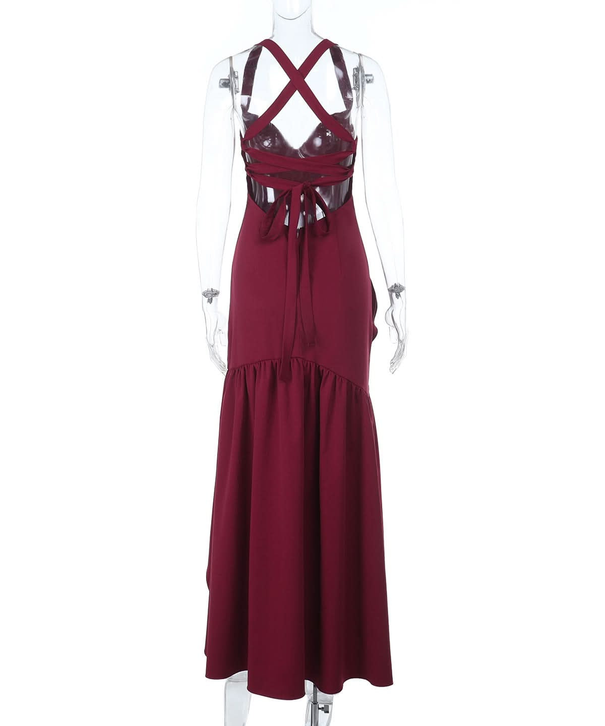 Elegant Wine Red Ruffle High-Low Maxi Dress | Chic Cross Back V-Neck for Fall & Holiday Celebrations