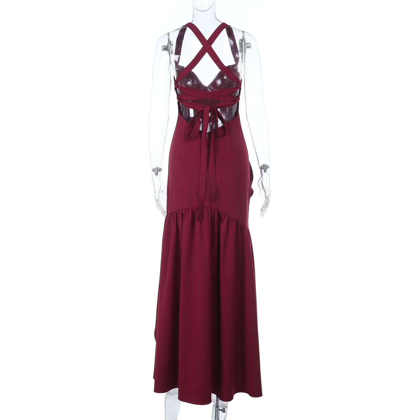 Elegant Wine Red Ruffle High-Low Maxi Dress | Chic Cross Back V-Neck for Fall & Holiday Celebrations