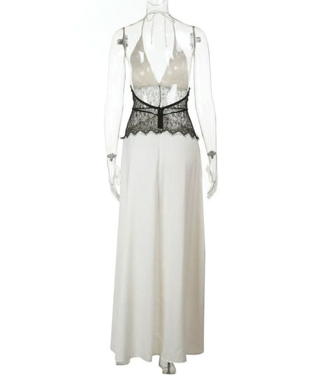 Enchanting White Halter Maxi Dress with Black Lace Corset Detail - Fall & Holiday Glamour