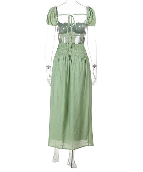 Cottagecore Chic Sage Green Smocked Maxi Dress with Puff Sleeves & Tie-Front Detail – Fall Transition & Beyond