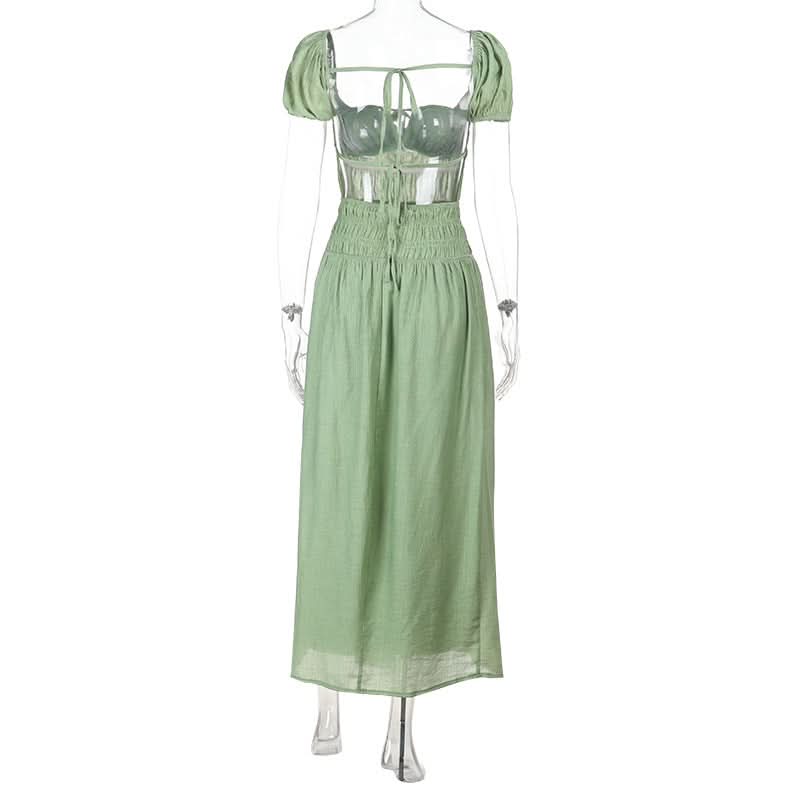 Cottagecore Chic Sage Green Smocked Maxi Dress with Puff Sleeves & Tie-Front Detail – Fall Transition & Beyond