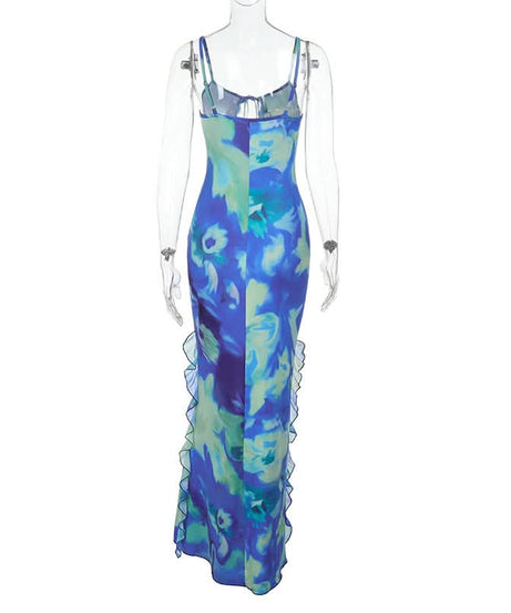 Vibrant Blue Green Ruffle Maxi Dress with Side Slits & Self-Tie - Your Perfect Holiday Escape Essential