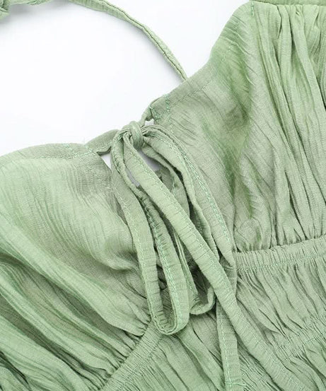 Cottagecore Chic Sage Green Smocked Maxi Dress with Puff Sleeves & Tie-Front Detail – Fall Transition & Beyond